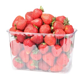 Photo of Fresh strawberries in plastic container isolated on white