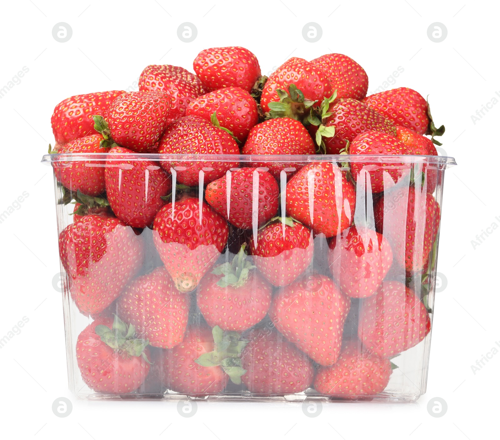 Photo of Fresh strawberries in plastic container isolated on white