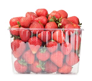 Photo of Fresh strawberries in plastic container isolated on white