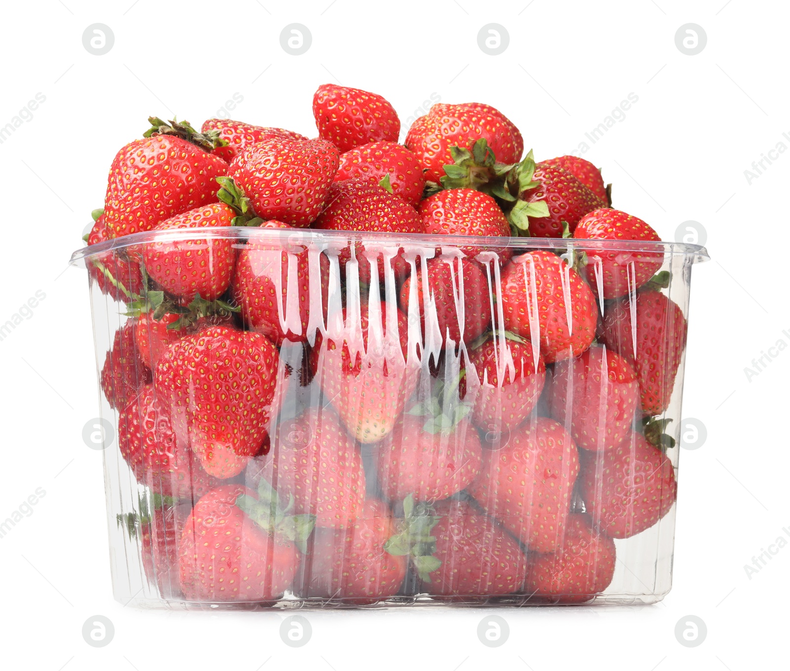 Photo of Fresh strawberries in plastic container isolated on white