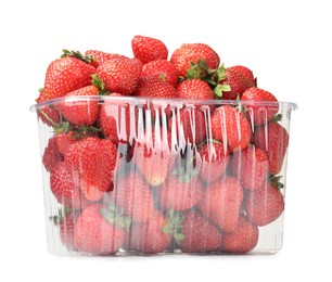 Photo of Fresh strawberries in plastic container isolated on white