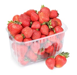 Photo of Fresh strawberries in plastic container isolated on white