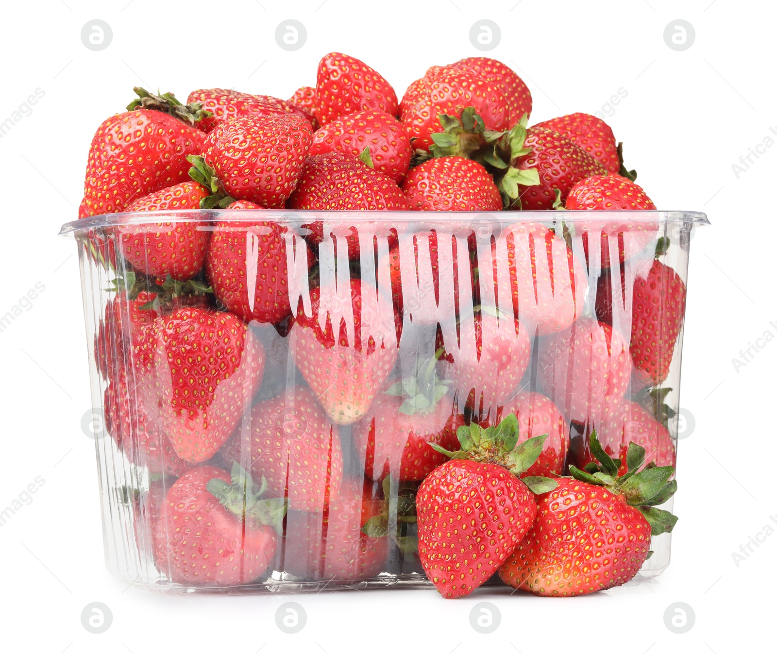 Photo of Fresh strawberries in plastic container isolated on white