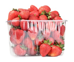 Photo of Fresh strawberries in plastic container isolated on white