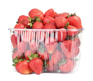 Photo of Fresh strawberries in plastic container isolated on white