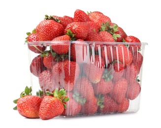 Photo of Fresh strawberries in plastic container isolated on white