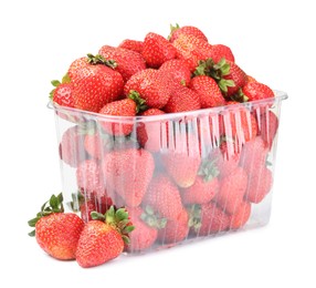 Photo of Fresh strawberries in plastic container isolated on white