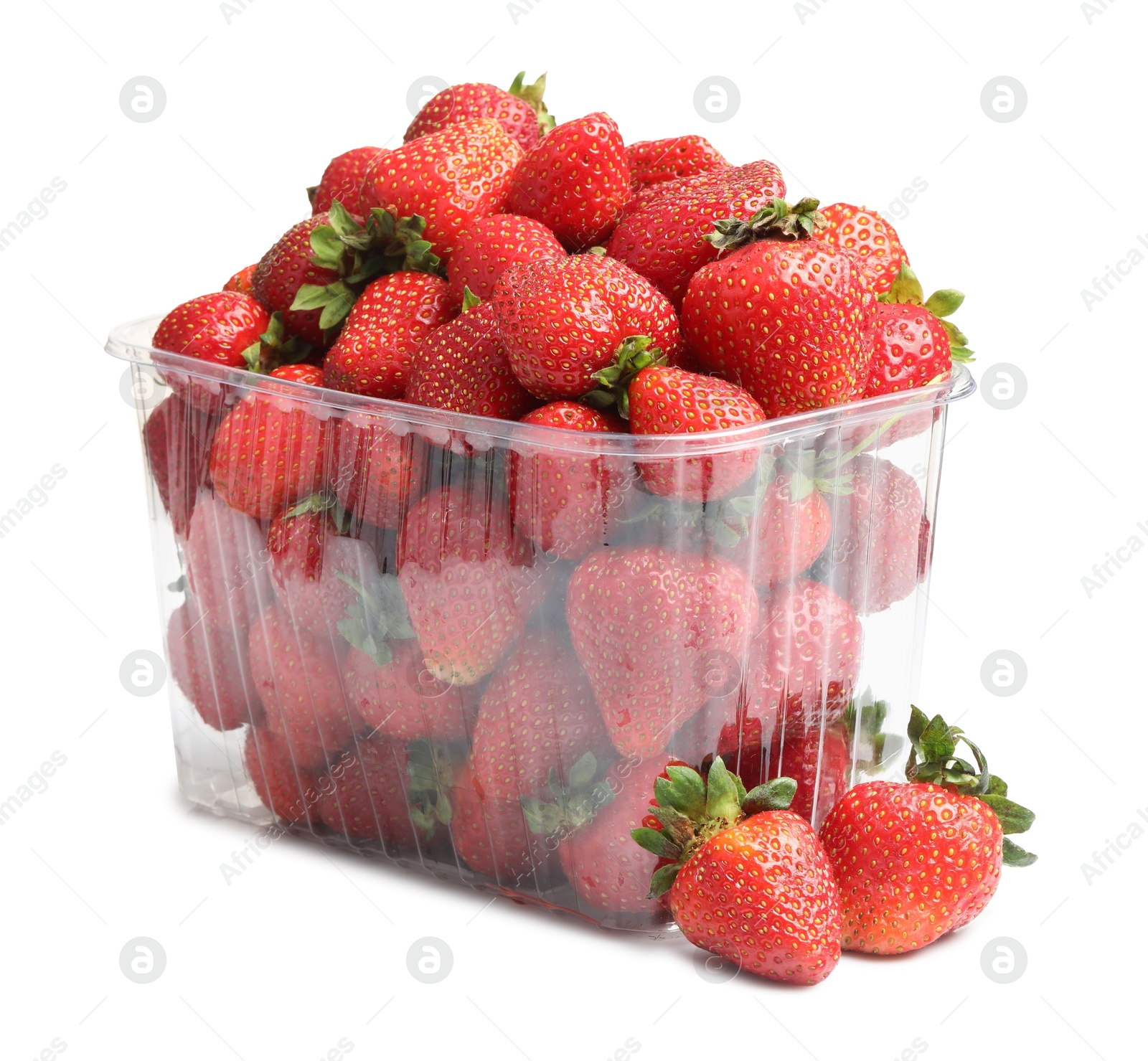 Photo of Fresh strawberries in plastic container isolated on white