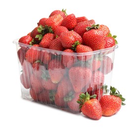 Photo of Fresh strawberries in plastic container isolated on white