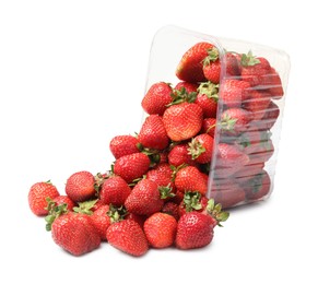 Photo of Fresh strawberries and plastic container isolated on white
