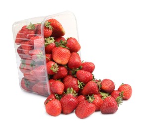 Photo of Fresh strawberries and plastic container isolated on white