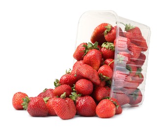 Photo of Fresh strawberries and plastic container isolated on white