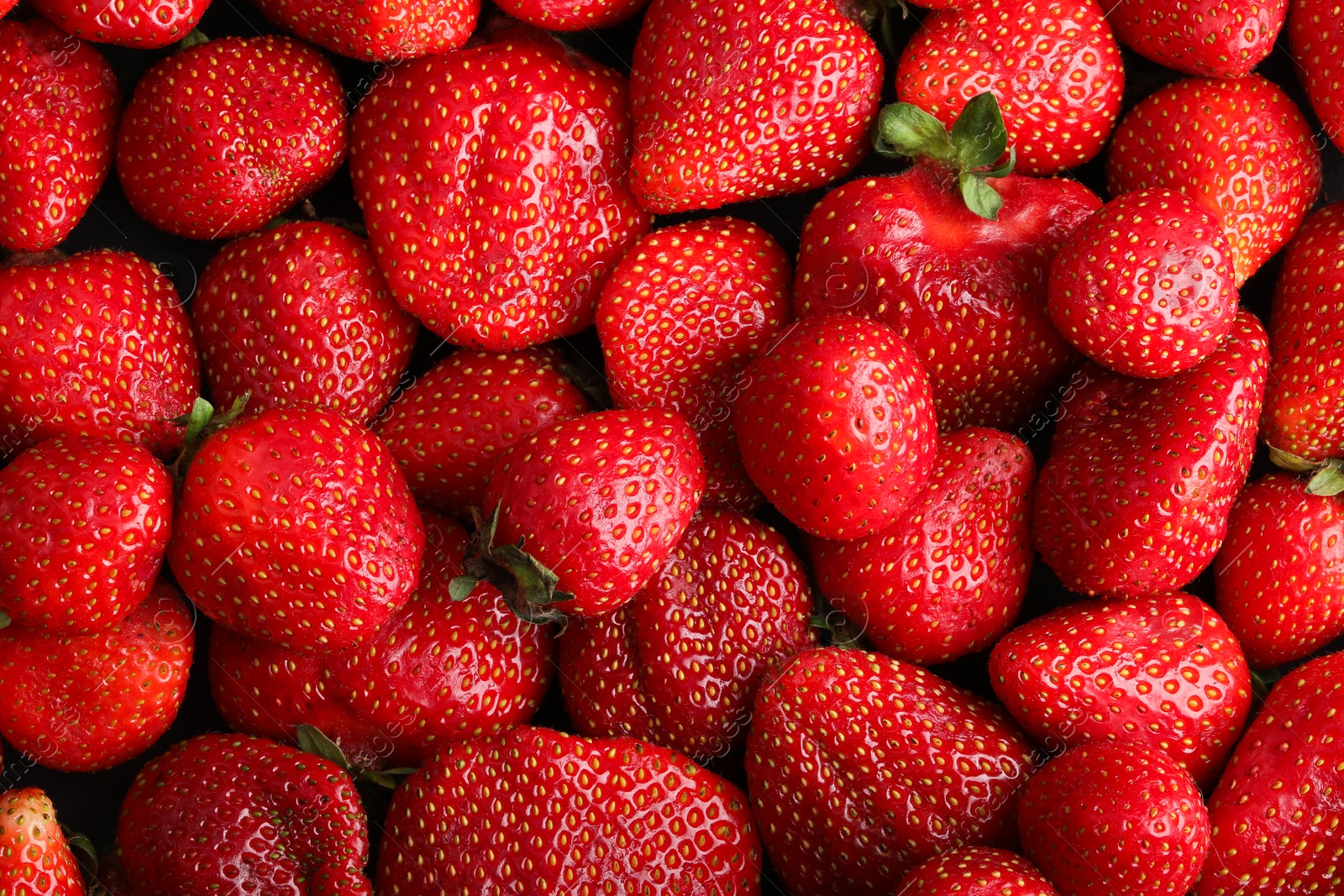 Photo of Fresh ripe strawberries as background, top view
