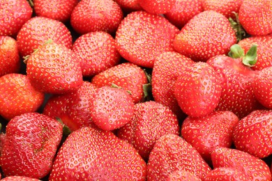 Photo of Fresh ripe strawberries as background, above view