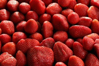 Photo of Fresh ripe strawberries as background, above view