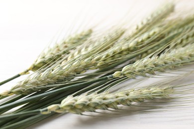 Photo of Many green wheat spikes on light wooden table, closeup