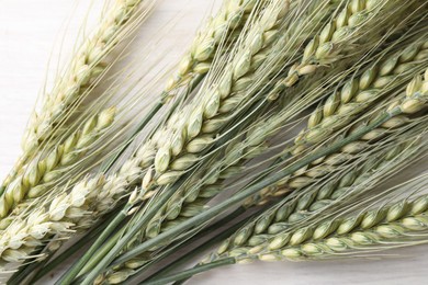 Photo of Many green wheat spikes on light table, flat lay