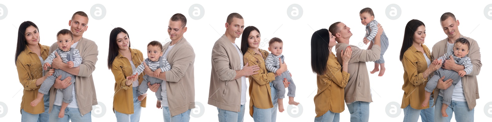 Happy family isolated on white, collection of portraits Image of Happy family isolated on white, collection of portraits