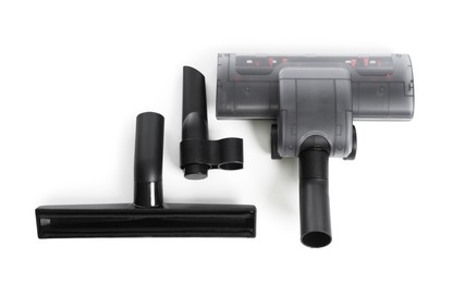 Photo of Vacuum cleaner parts on white background, top view