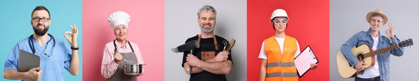 Image of People of different professions. Collage with portraits on various colors backgrounds
