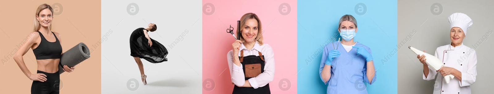 People of different professions. Collage with portraits on various colors backgrounds Image of People of different professions. Collage with portraits on various colors backgrounds