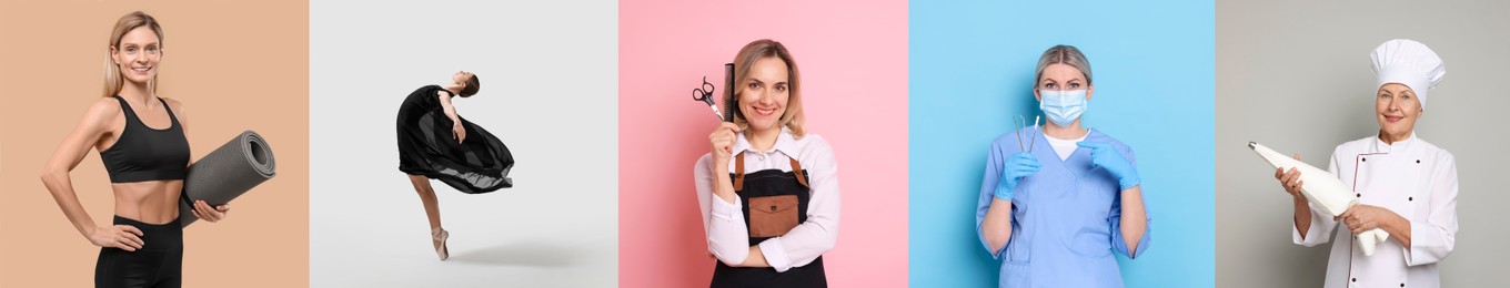 Image of People of different professions. Collage with portraits on various colors backgrounds