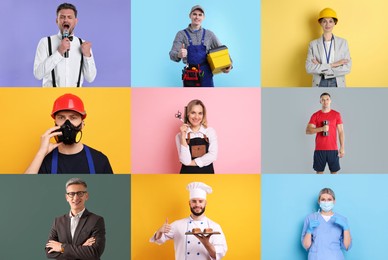 Image of People of different professions. Collage with portraits on various colors backgrounds