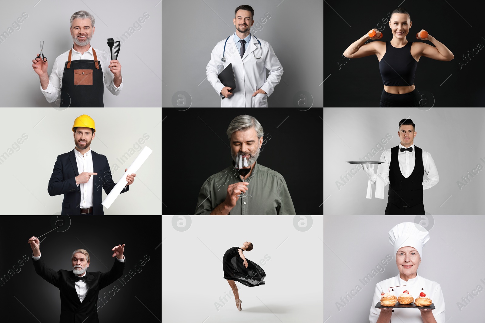 Image of People of different professions. Collage with portraits on various colors backgrounds