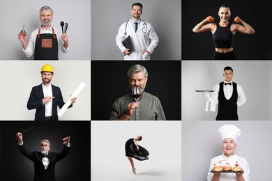 Image of People of different professions. Collage with portraits on various colors backgrounds