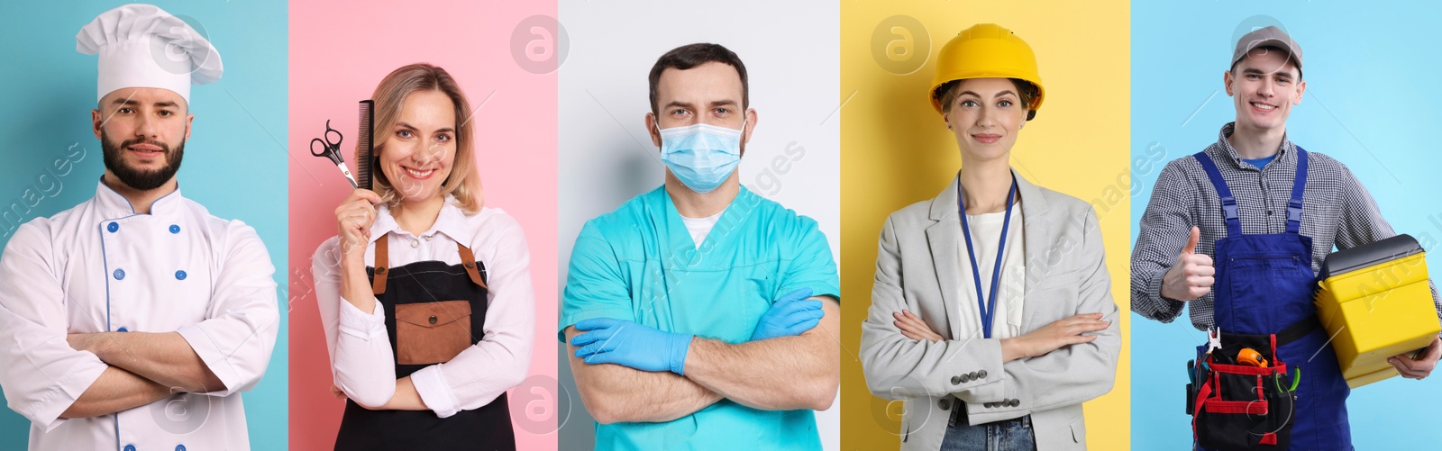 People of different professions. Collage with portraits on various colors backgrounds Image of People of different professions. Collage with portraits on various colors backgrounds