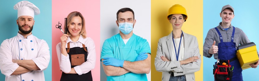Image of People of different professions. Collage with portraits on various colors backgrounds