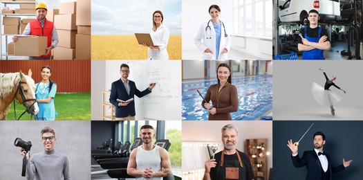 Image of People of different professions. Collage with portraits at workplaces