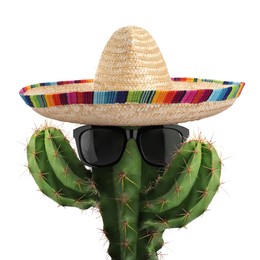 Image of Cactus with sunglasses and sombrero hat against white background
