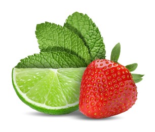 Image of Fresh lime, strawberry and mint leaves isolated on white