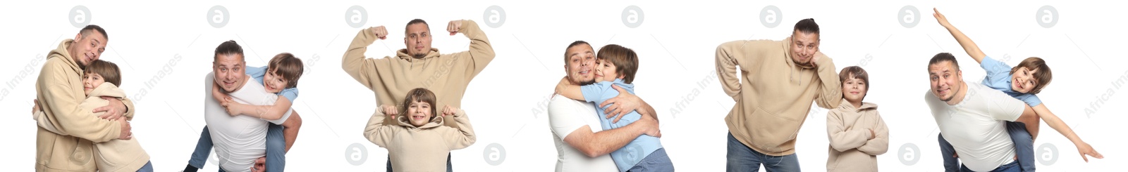 Image of Family portrait. Father with his son isolated on white, collection of photos
