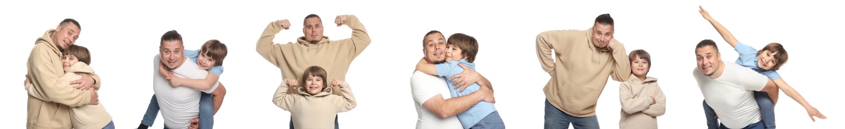 Image of Family portrait. Father with his son isolated on white, collection of photos
