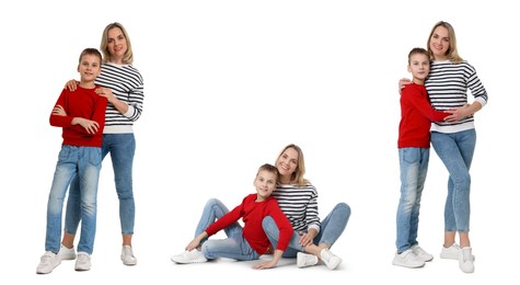 Image of Family portrait. Mother with her son isolated on white, collection of full-length photos