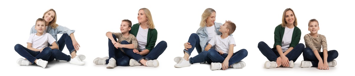 Image of Family portrait. Mother with her son isolated on white, collection of full-length photos