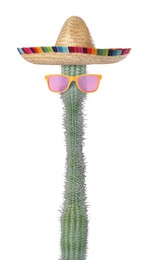 Image of Cactus with sunglasses and sombrero hat against white background