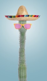 Image of Cactus with sunglasses and sombrero hat against greyish blue background
