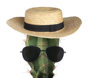 Image of Cactus with sunglasses and hat against white background