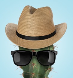 Image of Cactus with sunglasses and hat against light blue background