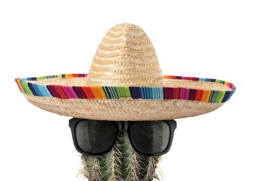Image of Cactus with sunglasses and sombrero hat against white background