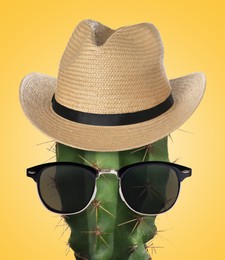 Image of Cactus with sunglasses and hat against pale orange background