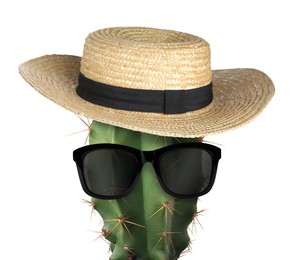 Image of Cactus with sunglasses and hat against white background
