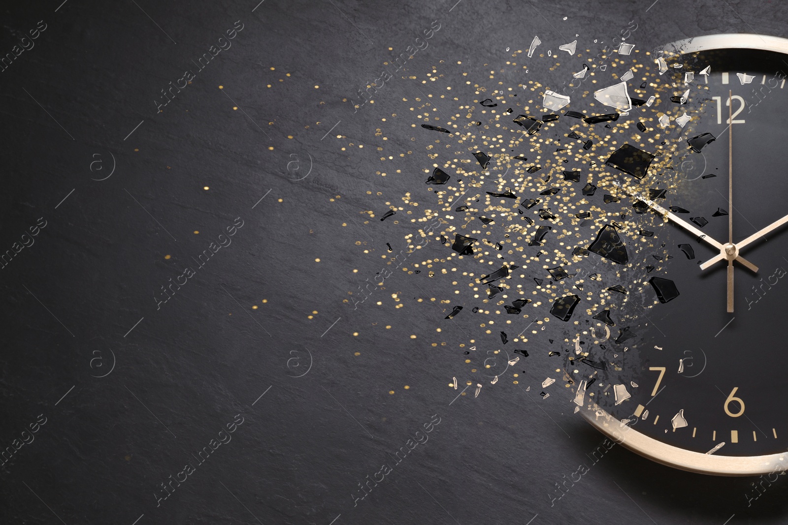 Image of Time running out. Clock dissolving on grey textured background