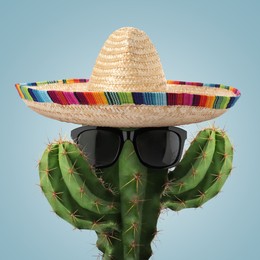 Image of Cactus with sunglasses and sombrero hat against greyish blue background