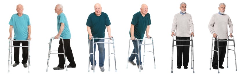 Image of Senior men using walking frames on white background, set of portraits