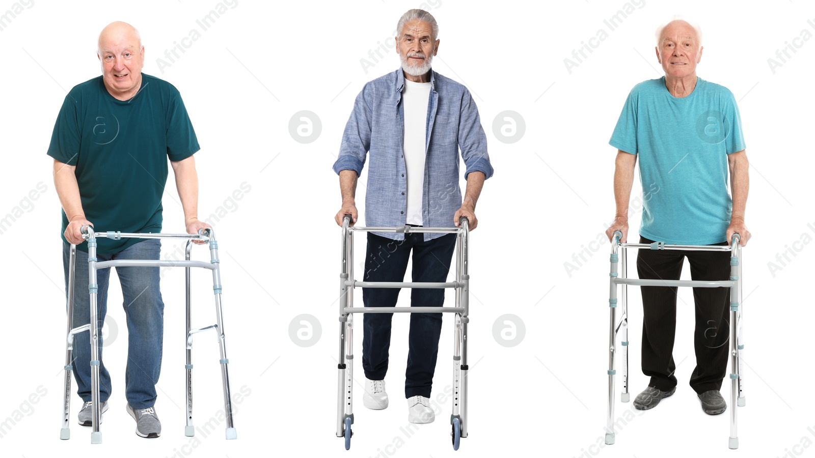 Senior men using walking frames on white background, set of portraits Image of Senior men using walking frames on white background, set of portraits