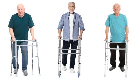 Image of Senior men using walking frames on white background, set of portraits